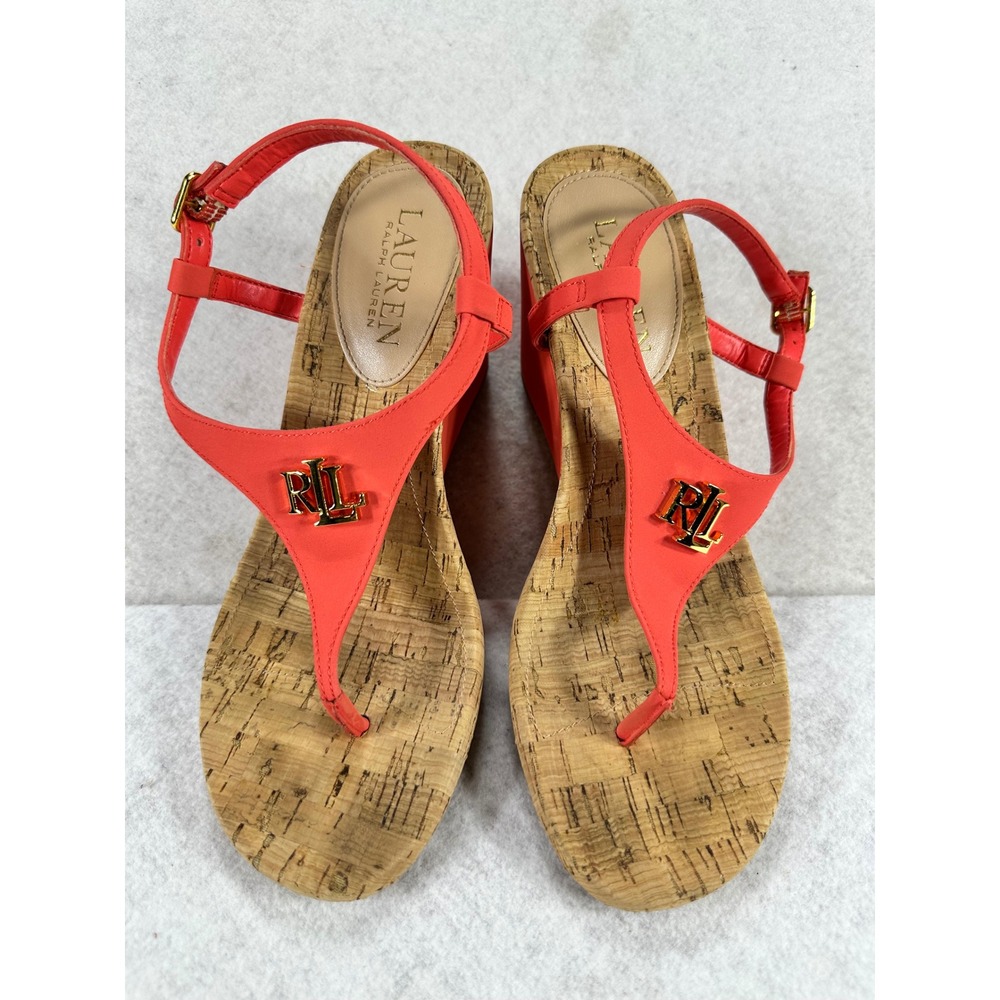 Lauren Ralph Lauren Jeannie Coral Orange Cork Wedge Sandals Gold Logo Womens 8